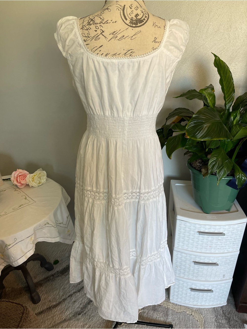 Speed Control White Cottagecore Midi Dress Lace Puff Sleeve Smocked Large - Picture 3 of 9
